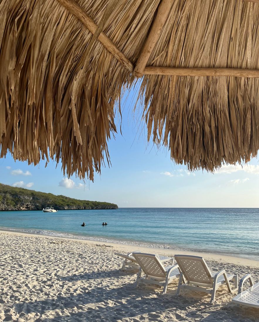 White sand beach under a thatch umbrella